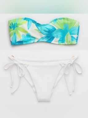 NWT Aerie FULL SET Shine Rib Bandeau Top + String Tie Bottom Tropical White - M